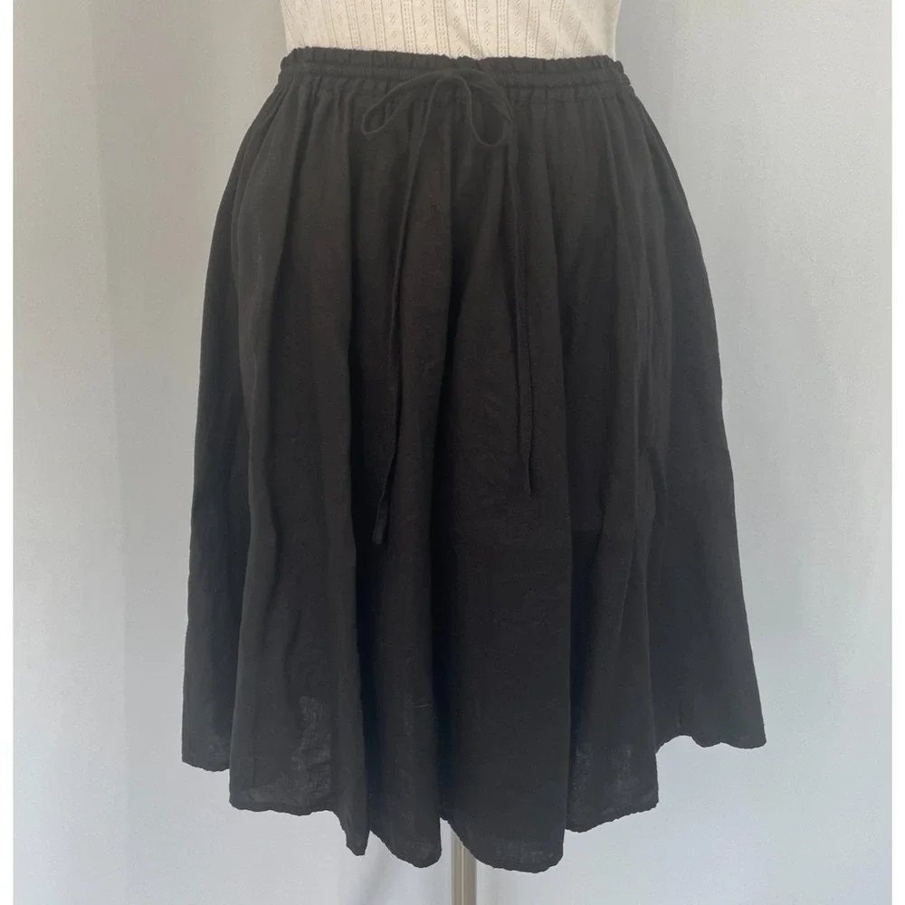 A Line Mini Skirt Size Medium Black Minimalist 100% Linen Skater Lagenlook Boho
